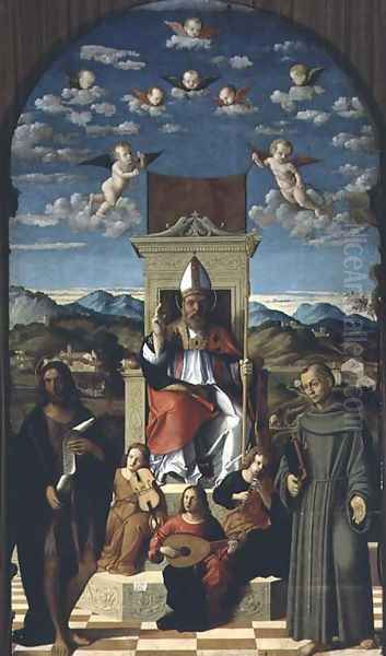 St. Thomas a Becket 1118-70 Enthroned with SS. Francis and John the Baptist 1520 Oil Painting by Girolamo da Santacroce