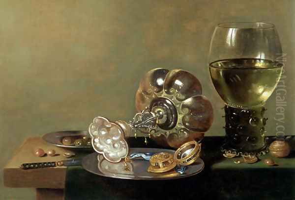 A still life with glass of wine, tazza and a pewter plate Oil Painting by Hans van Sant