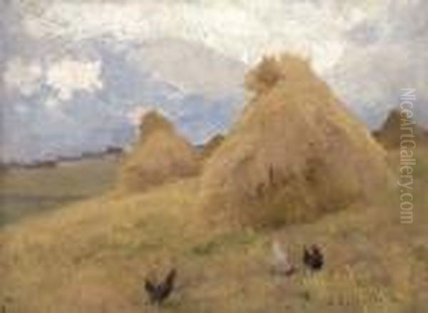 HaÂ¶ns Bland HaÂ¶stackar (chickens Among Haystacks) Oil Painting by Helene Schjerfbeck