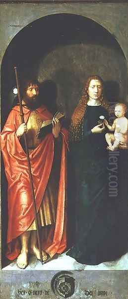 Madonna and Child with the Apostle James the Elder from the Left Hand Exterior Wing of St. Anthonys Altar, c.1517-18 Oil Painting by Michel Sittow