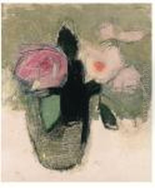 Red Roses In A Glass Bowl Oil Painting by Helene Schjerfbeck