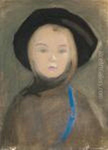 Girl With Blue Ribbon Oil Painting by Helene Schjerfbeck