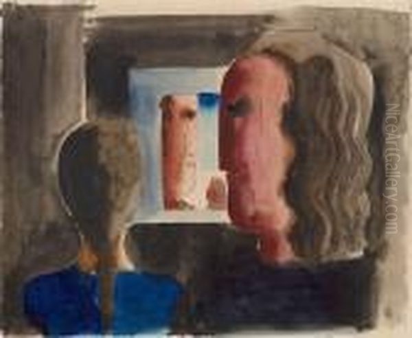 Drei Kopfe Am Fenster / Three Heads At A Window Oil Painting by Oskar Schlemmer