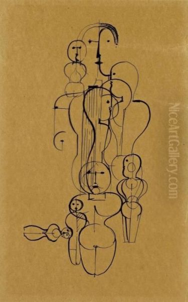 Gestaffelte Figuren Bzw. Gestaffelte Figuren >kk<</b> Oil Painting by Oskar Schlemmer