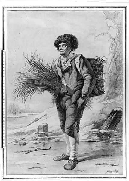 A Man on the Ice, wearing a basket on his back, holding a bundle of reed Oil Painting by Jacob van Strij