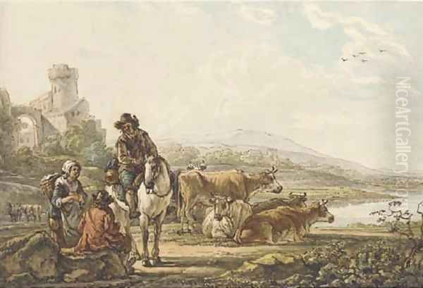 An extensive river landscape with peasants and cattle Oil Painting by Jacob van Strij