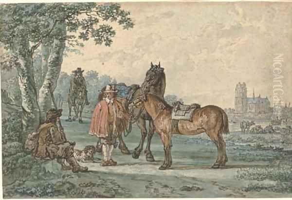 Horsemen on a path with Dordrecht in the distance Oil Painting by Jacob van Strij