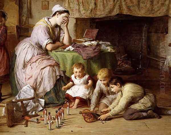 The Soldiers Wife, detail of the mother and boys playing soldiers, 1878 Oil Painting by George Smith