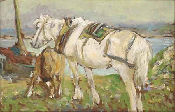 Ponies on the banks of a loch Oil Painting by George Smith