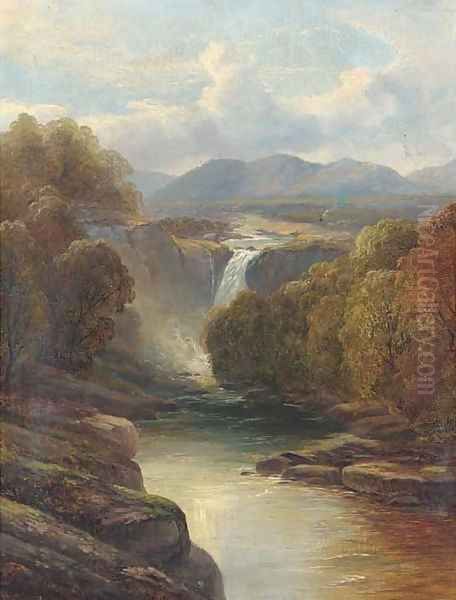 A waterfall in a river landscape Oil Painting by John Brandon Smith