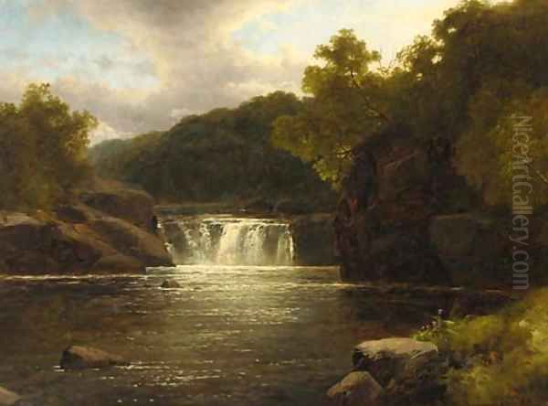 A waterfall in a wooded river valley, Devon Oil Painting by John Brandon Smith