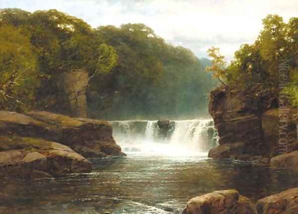 A waterfall in a wooded river valley Oil Painting by John Brandon Smith