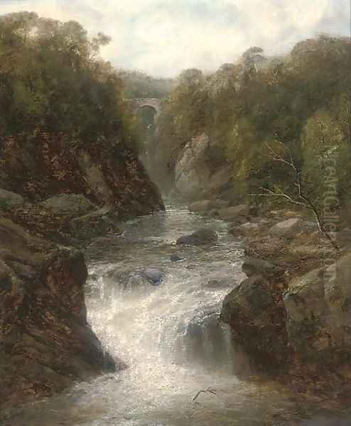 A waterfall in a narrow valley, a bridge beyond Oil Painting by John Brandon Smith