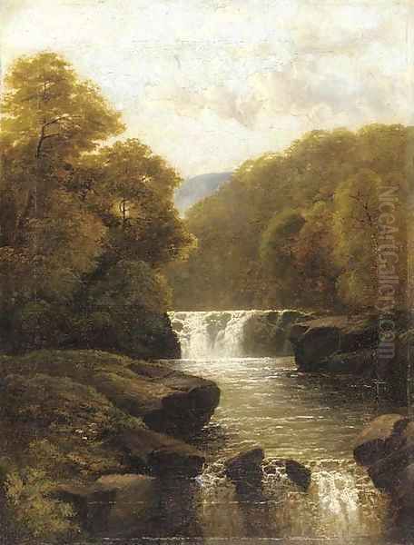 A waterfall in a wooded valley Oil Painting by John Brandon Smith