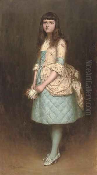 Portrait of Eva MacKintosh, full-length, in a blue dress with a cream flower covered bustle swag and bodice, holding a posy of flowers Oil Painting by Charles A. Sellar