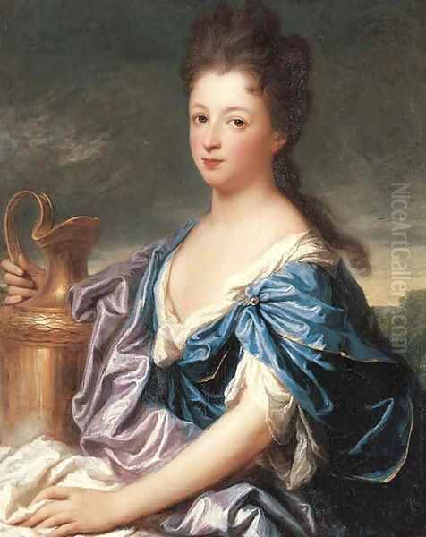 Portrait of a lady, said to be the Marquise d'Epinay as Hebe, half-length, in a blue dress, holding an urn Oil Painting by Jean-Baptiste Santerre