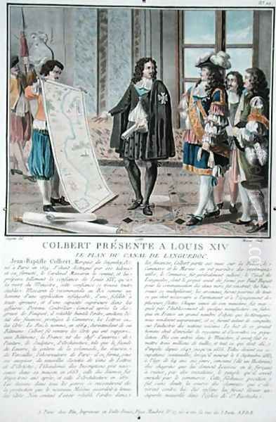 Jean Baptiste Colbert 1619-83 presents the map of the Canal du Languedoc to Louis XIV, engraved by Jean Baptiste Morret fl.1790-1820, 1788 Oil Painting by Antoine Louis Francois Sergent-Marceau