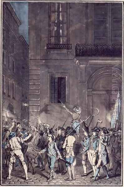 The mob roaming the streets of Paris carrying torches at night in July 1789 Oil Painting by Antoine Louis Francois Sergent-Marceau