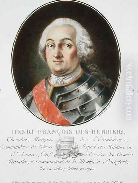 Henri-Francois des Herbiers 1682-1750 Marquis de lEstandiere, from Portraits des grands hommes, femmes illustres, et sujets memorables de France, engraved by Mme de Sernel, published 1787-92 Oil Painting by Antoine Louis Francois Sergent-Marceau