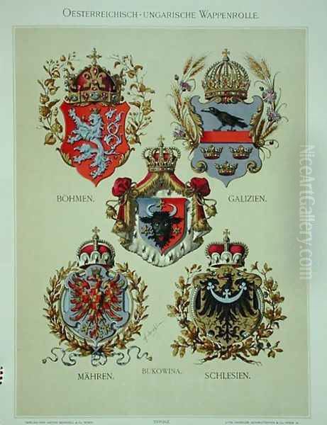 Coats of arms from the Austro-Hungarian Empire, from Heraldischer Atlas by the artist, 1899 2 Oil Painting by Strohl, Hugo Gerard