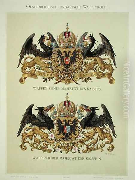 Plate with the coats of arms of Emperor Franz Joseph I 1830-1916 and Empress Elizabeth of Bavaria 1837-98 from Heraldischer Atlas by the artist, 1899 Oil Painting by Strohl, Hugo Gerard