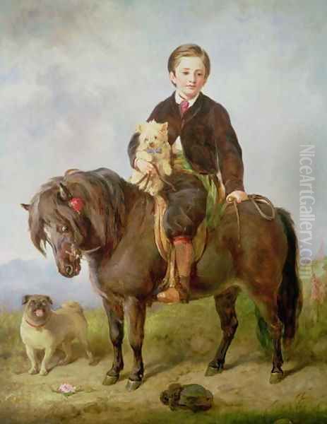 John Samuel Bradford as a boy seated on a shetland pony with a pug dog Oil Painting by Gourlay Steell