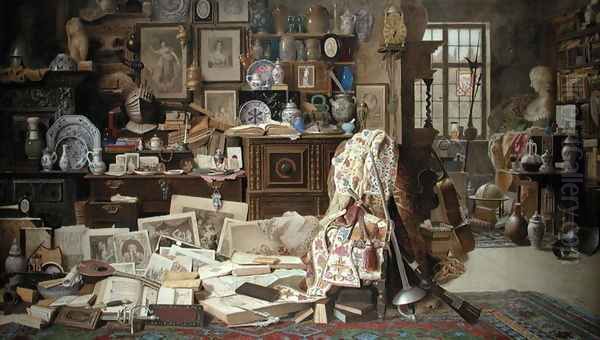 Armour, Prints, Pictures, Pipes, China All Crackd Old Rickety Tables, and Chairs Broken Backd, 1882 Oil Painting by Benjamin Walter Spiers