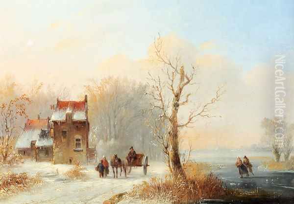 A Winter Landscape With Skaters On A Frozen waterway And A Horse-drawn Cart On A Snow-covered Track Oil Painting by Jacobus Van Der Stok