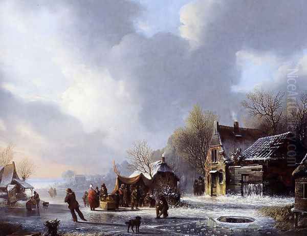 Skaters On A Frozen River Near A 'Koek En Zopie' Oil Painting by Jacobus Van Der Stok