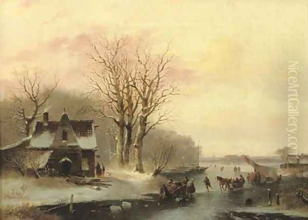 Dusk on a winters day Oil Painting by Jacobus Van Der Stok