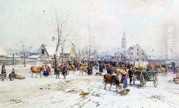 A Cattle Market in Winter Oil Painting by Karl Stuhlmuller