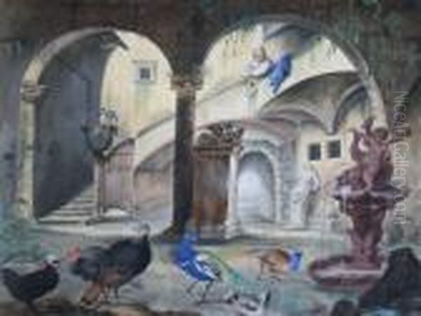 Peacocks, Turkeys An Other Fowl By A Fountain In A Courtyard Oil Painting by Aert Schouman