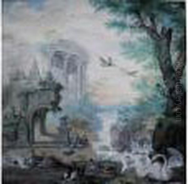 Swans, Heron And Duck Near Classical Ruins In A Lake Landscape Oil Painting by Aert Schouman