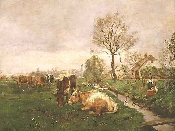 Landscape with Cows and a Stream Oil Painting by Karl Stuhlmuller