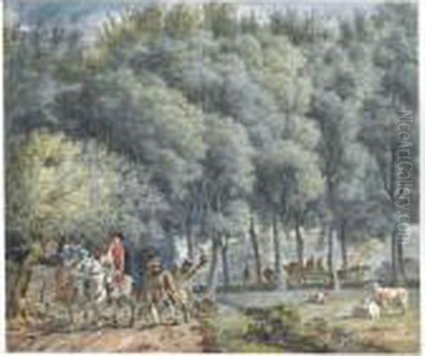 A Hawking Party At The Edge Of A Wood, Cows Grazing Nearby Oil Painting by Aert Schouman