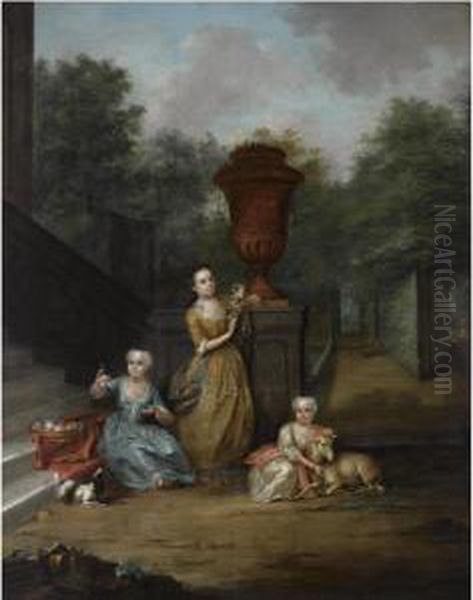 A Portrait Of Maria Christina 
(born 1723), Adriana (born 1728) And Christina Elisabeth (born 1729) 
Pompe Van Meerdervoort At The Family's Country Estate Oil Painting by Aert Schouman