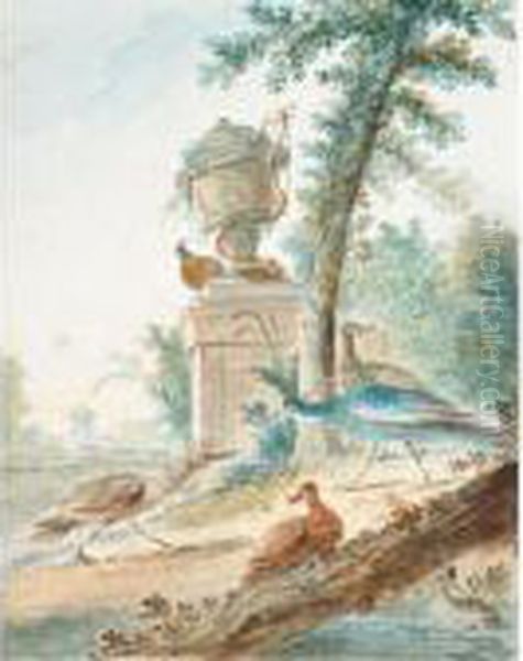 Exotic Birds In A Classical Landscape Oil Painting by Aert Schouman