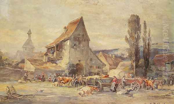 The Cattle Market in Dachau Oil Painting by Karl Stuhlmuller