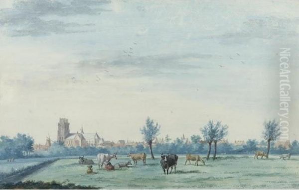 View Of Dordrecht From The South-west, With Cattle And A Milkmaid In The Foreground Oil Painting by Aert Schouman