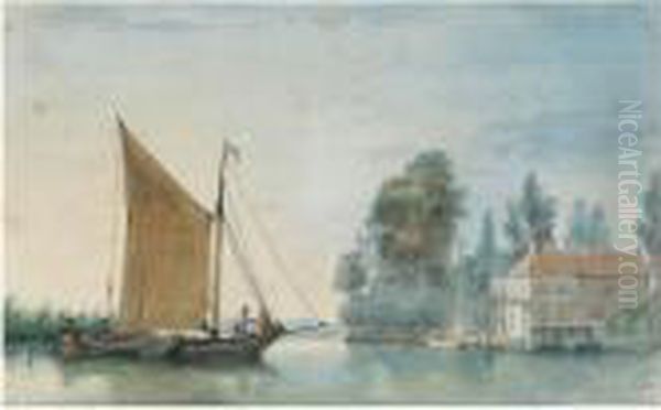 A Boat Approaching A Mill On The Papendrecht Dike, By Dordrecht Oil Painting by Aert Schouman