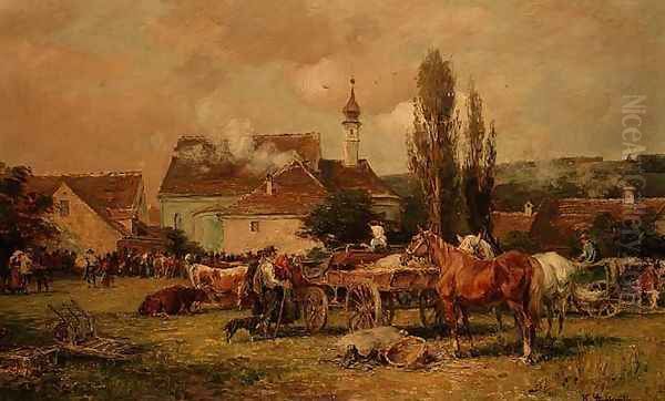 A Village Market Oil Painting by Karl Stuhlmuller