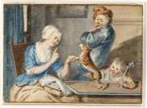 A) A Couple In An Interior With A
 Cat And A Dog; B) A Couple And Child In An Interior Teasing A Dog Oil Painting by Aert Schouman