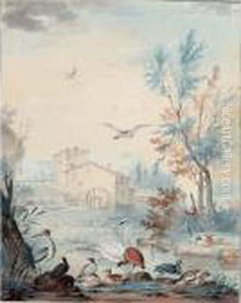 A) A Southern Landscape With A 
Peacock, A Monkey, Parrots, Hens And Chicks; B) A River Landscape With A
 Watermill, A Swan And Other Waterbirds In The Foreground Oil Painting by Aert Schouman