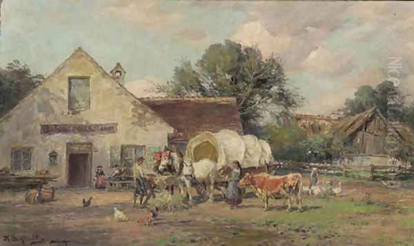 Horses resting by a tavern Oil Painting by Karl Stuhlmuller