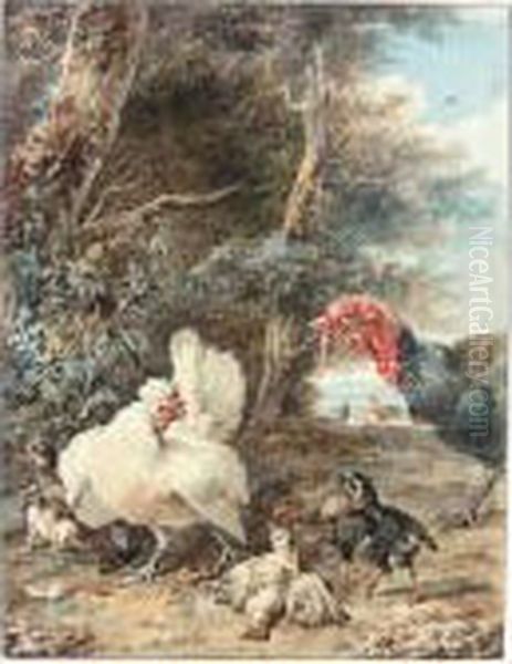 A Turkey Startling Chickens Oil Painting by Aert Schouman