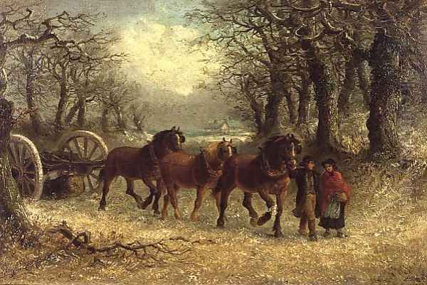 Couple leading a horse-drawn logging cart in winter Oil Painting by Thomas Smythe