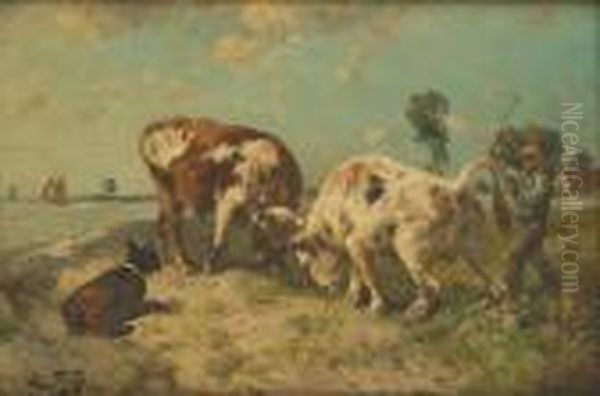 Combat De Taureaux Au Bord De L'estuaire Oil Painting by Henry Schouten