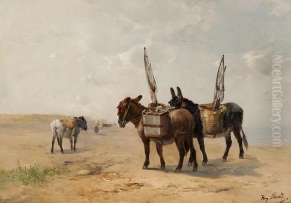 Donkeys Waiting For The Shrimpfishers Oil Painting by Henry Schouten