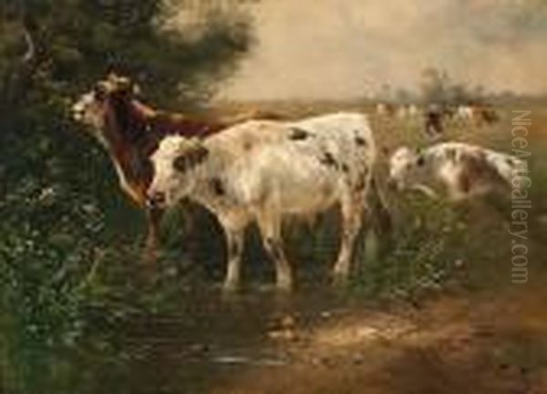 Cows By The Water's Edge Oil Painting by Henry Schouten