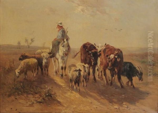 Boer Te Paard Met Koeien En Schapenop De Heide Oil Painting by Henry Schouten